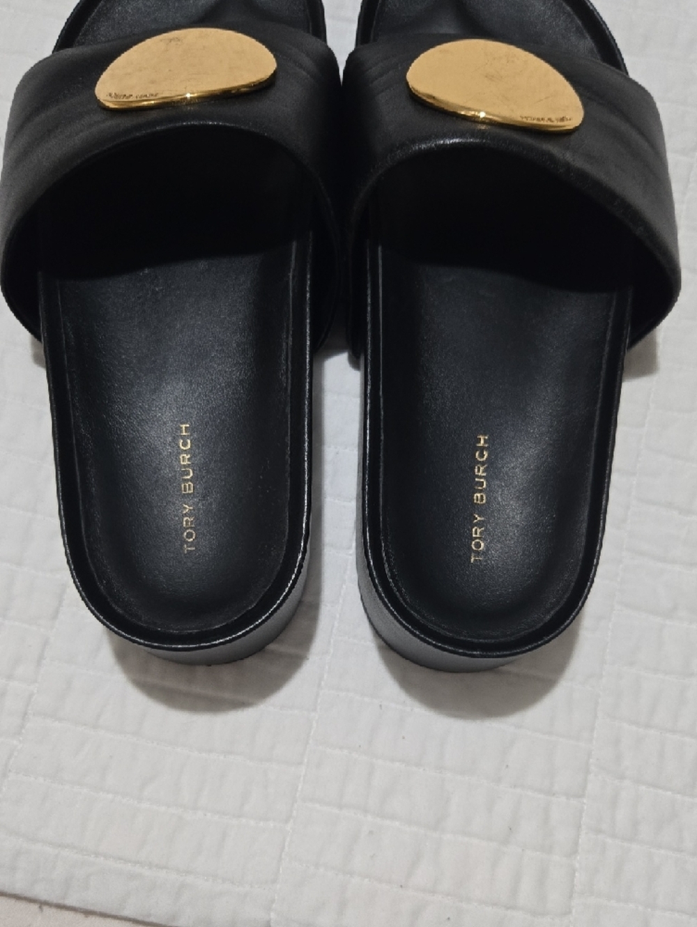 Tory Burch Black Slide Sandals with Gold Medallion - Picture 9 of 9